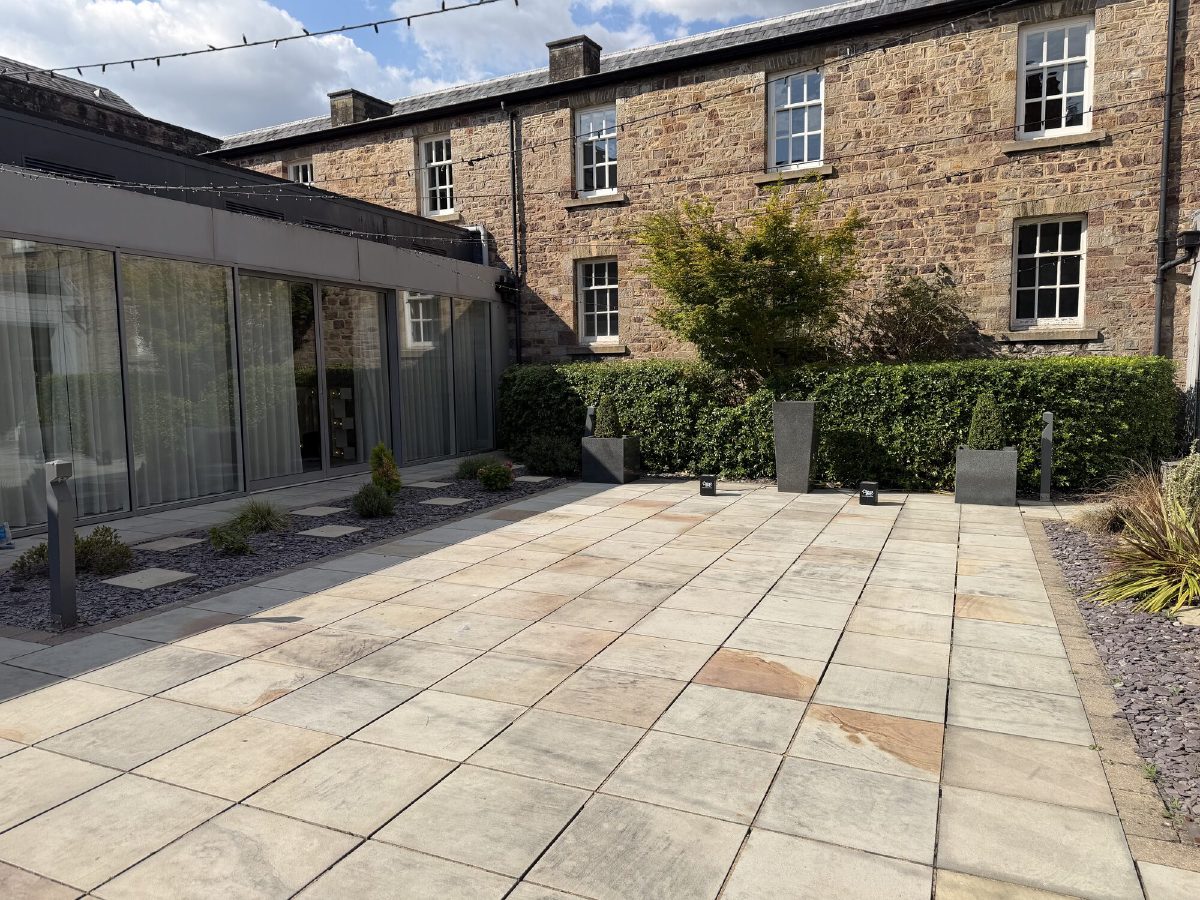 The courtyard, with the Courtyard Hall glazing along the left